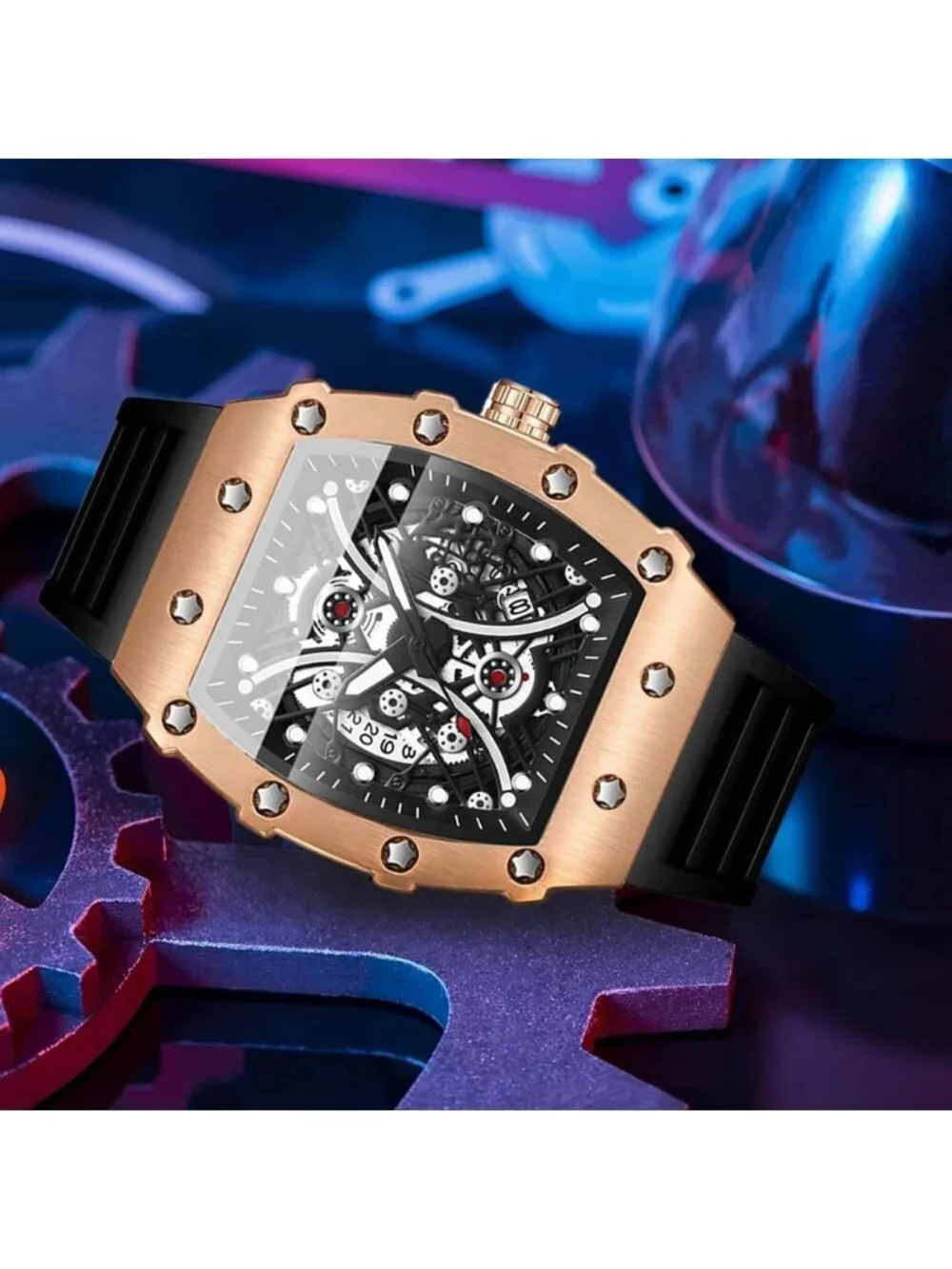 Men's Black Rose Gold Analog Silicone Strap Barrel-Shaped Skeleton Luxury Watch